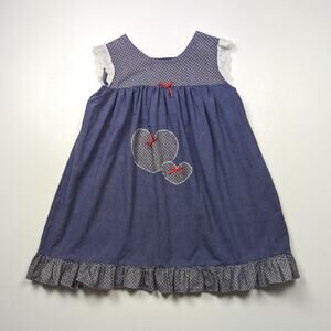 Vintage Handmade Pinafore Dress Girls Size 6X Chambray Heart Pinny